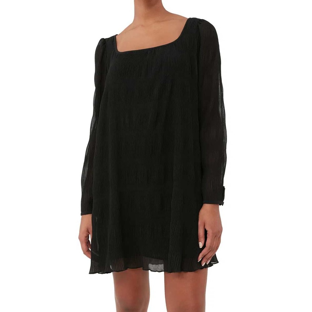 Ganni Black Pleated Georgette Mini Dress Square Neck Long Sleeve Size Large